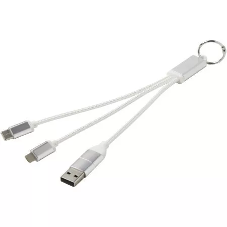 Metal 4 v 1 nabíjecí kabel z recyklovaného hliníku s přívěskem na klíče, stříbrný – cena zahrnuje i potisk loga