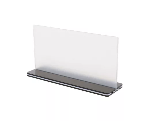 PLEXI CEDULKA S ČERNÝM PODSTAVCEM, 20×10 CM, NA ŠÍŘKU