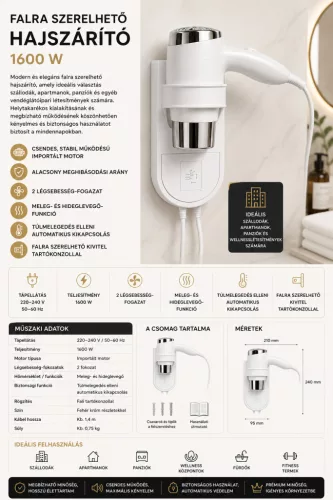 HOBBB Ølstykke nástěnný vysoušeč vlasů, 1600 W