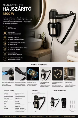 HOBBB Rungsted nástěnný vysoušeč vlasů, 1800 W
