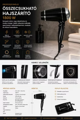 HOBBB Hellerup skládací vysoušeč vlasů, 1800 W