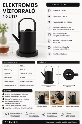 Designer elektrická rychlovarná konvice – 1 l